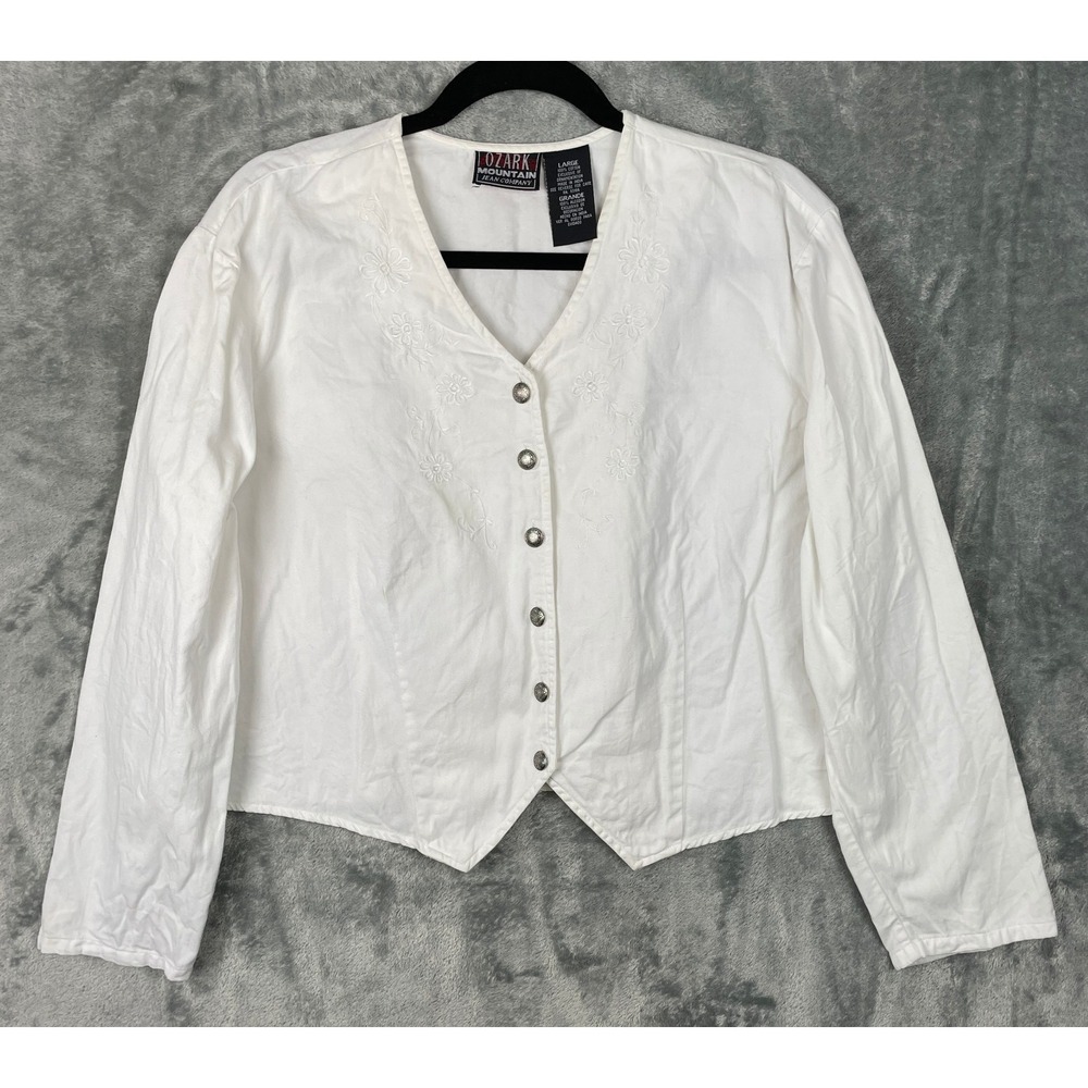 Ozark Mountain Jean Company Top Womens Large White Western Silver‎ Buttons Rodeo